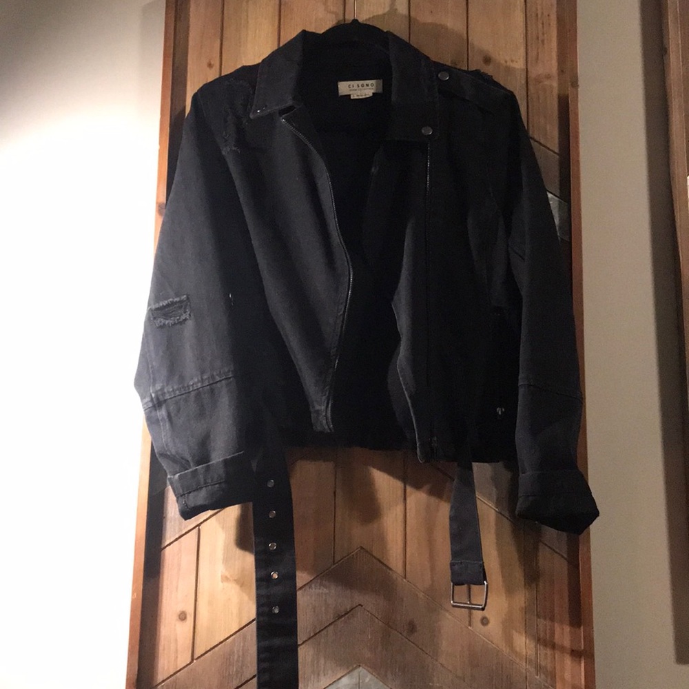 Distressed jean jacket.